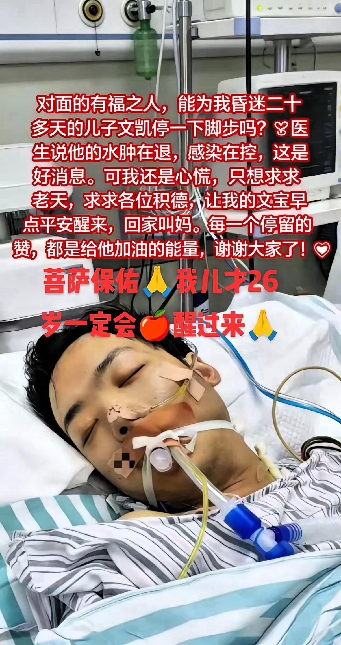 我对面的有福之人，能为我昏迷二十多天的儿子文凯停一下脚步吗？
医生带来了好消息，