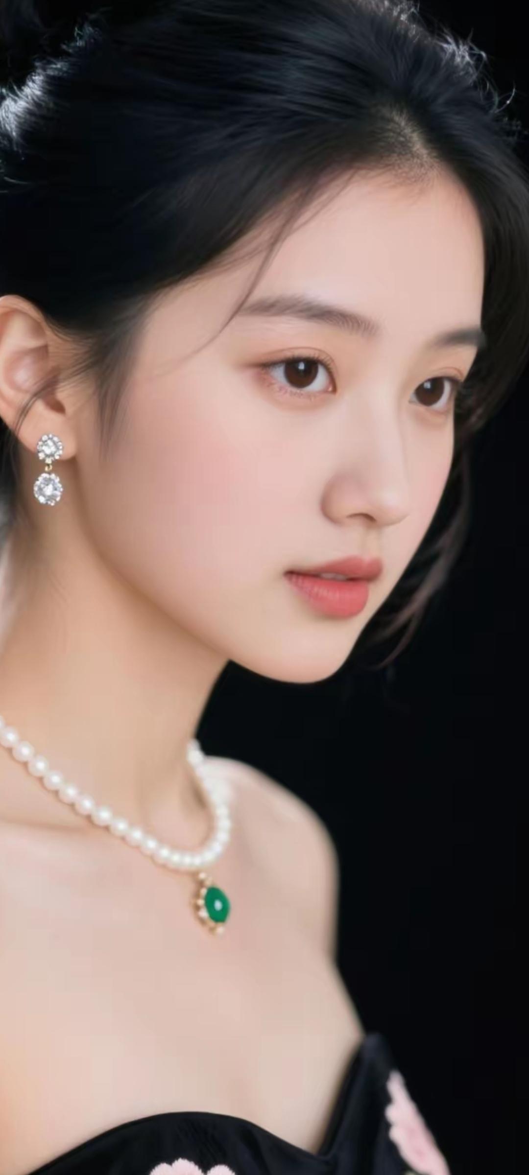 优雅黑裙，珍珠与绿宝石的完美搭配，尽显高贵气质。