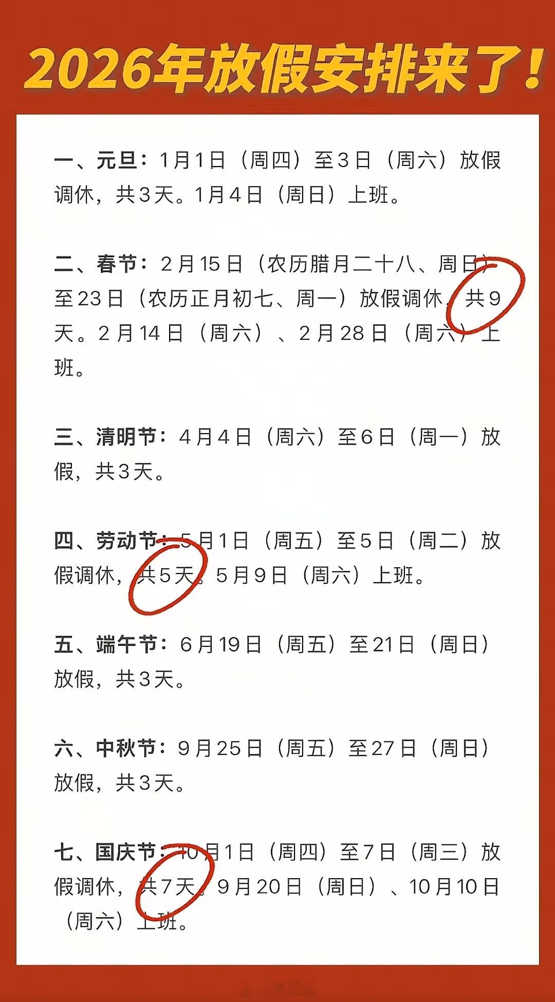 2026春节放9天假14号不是周六吗？正常不都是除夕到初八吗？赶上周六日不应该1