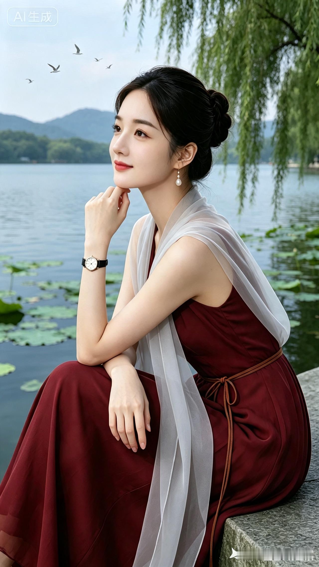 畔静思（打油诗，留尾邀大家续写）
湖畔悠悠荷叶浮，
佳人闲坐石边幽。
轻纱飘绕身