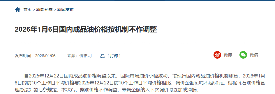 2026年首轮油价不作调整 根据国家发展改革委1月6日发布的正式通知，按照现行成