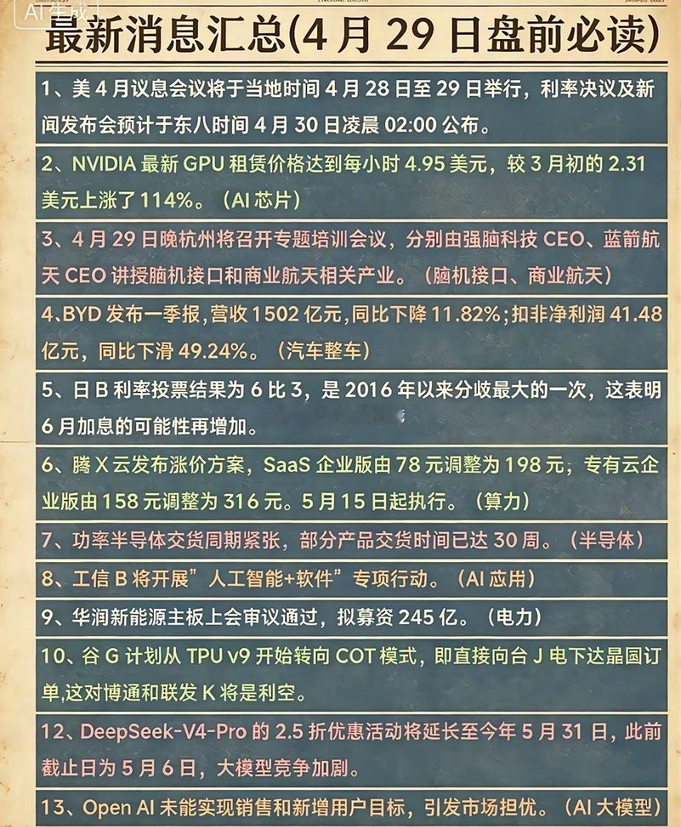 4月29日盘前必读消息汇总来了！美联储议息、英伟达GPU涨价、脑机接口与商业航天
