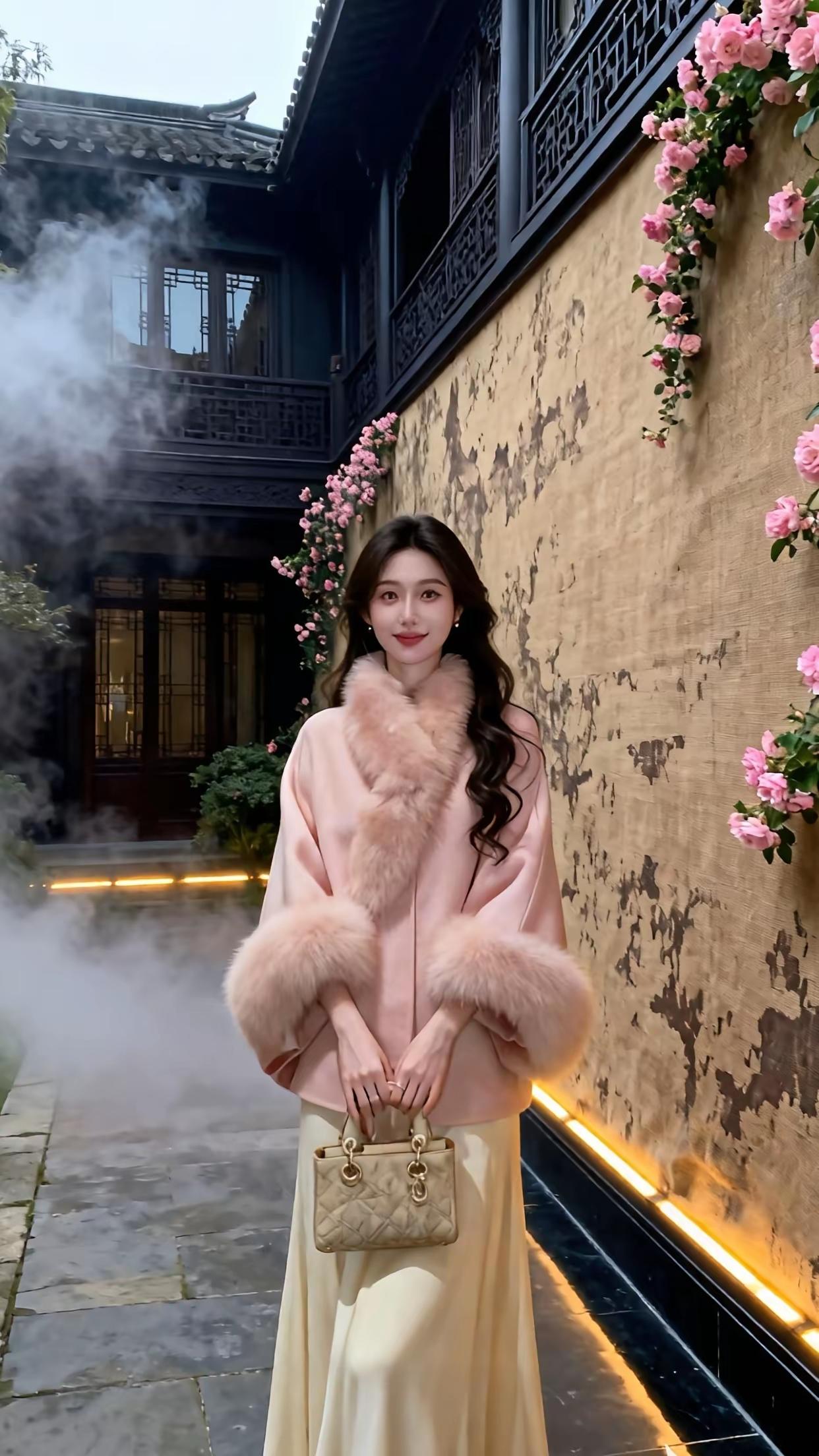 优雅漫步在古风庭院，粉色毛绒外套与长裙相得益彰，尽显温婉气质。