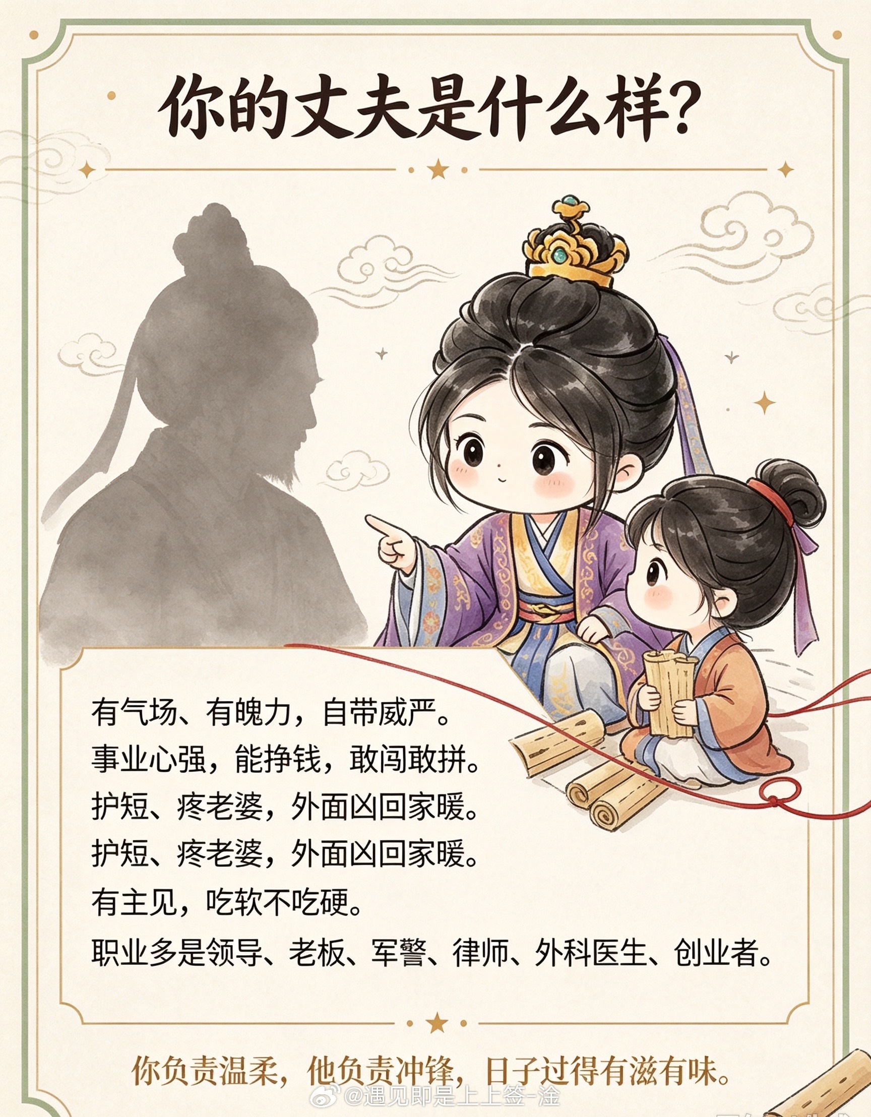 女命以官杀为夫星。七杀为夫，嫁的往往是能扛事、能挣钱、能护你周全的人。这类女性通