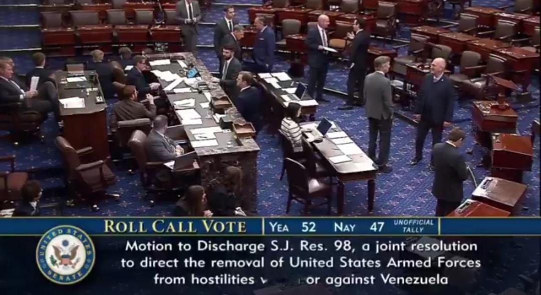 🚨突发：美国参议院以52票赞成、47票反对通过了限制特朗普总统在委内瑞拉问题上