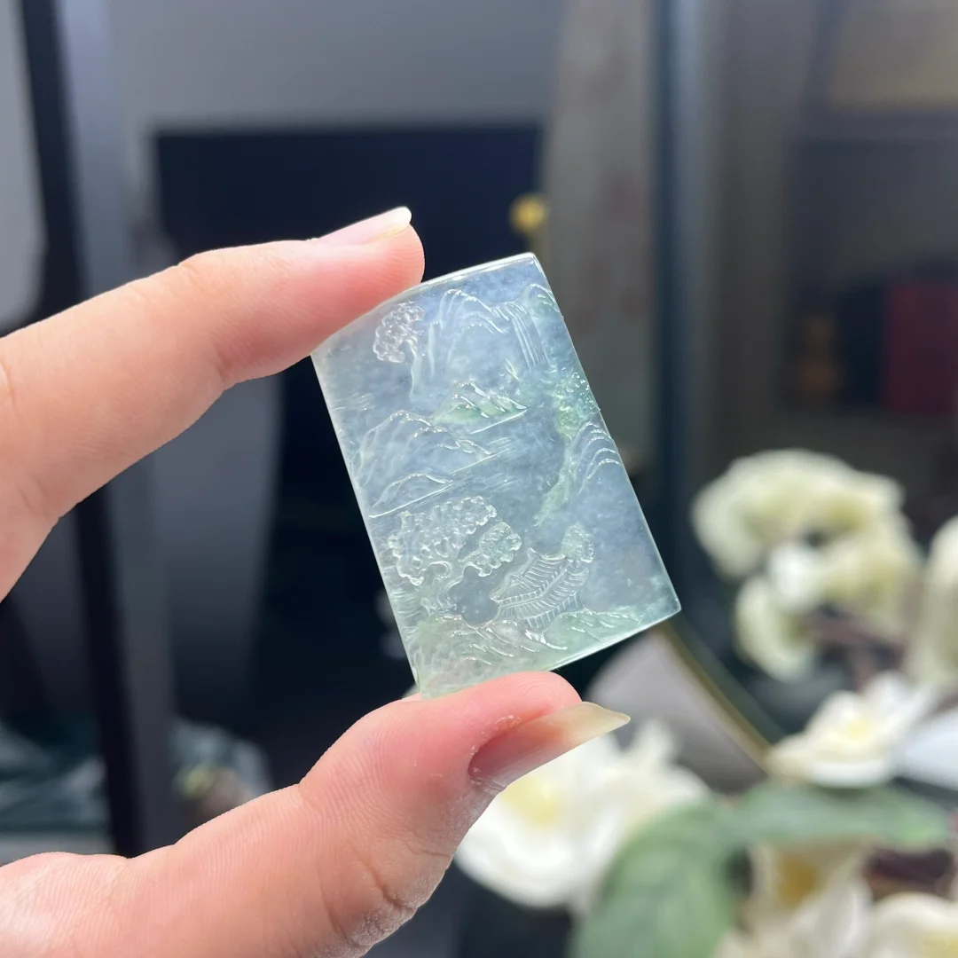 遇到一件翡翠冰飘花山水牌😍
