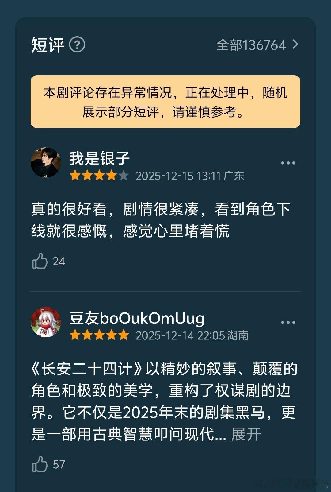 成毅《长安二十四计》豆瓣评分异常，评论被折叠，目前豆瓣正在处理。 