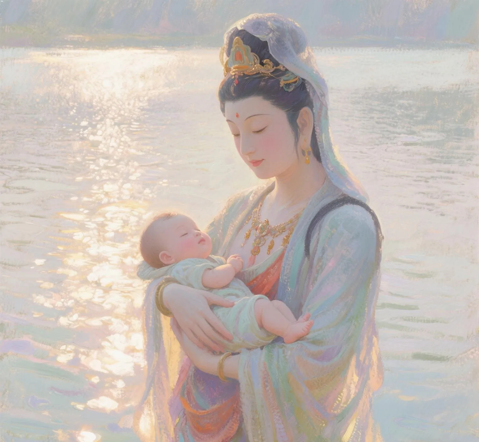 菩萨携祥瑞而至，为孩子点亮吉光。愿此后岁岁平安无忧，前程繁花似锦，所盼皆能成真！