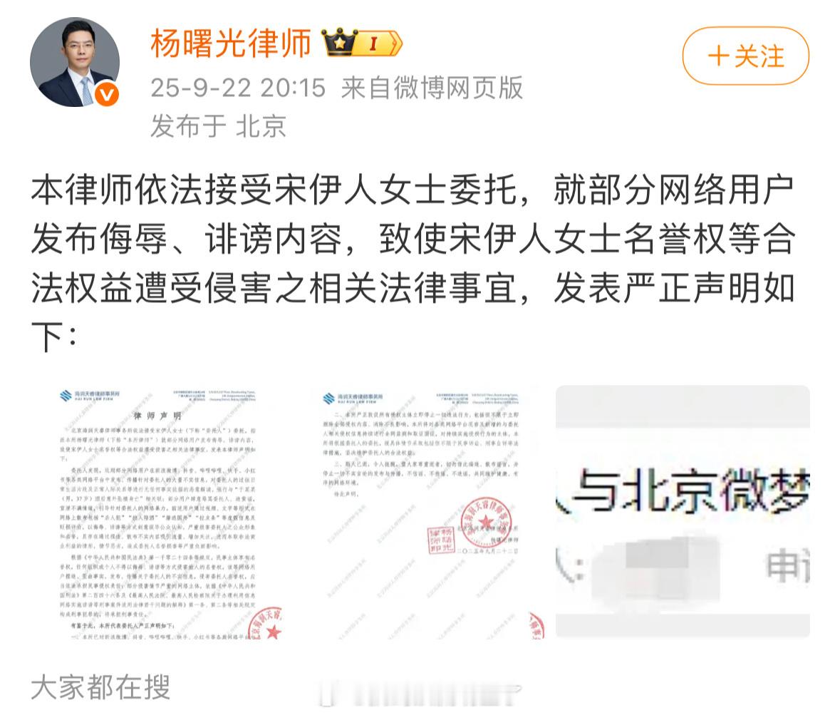 宋伊人发律师声明了，称已对造谣者进行取证 ​​​