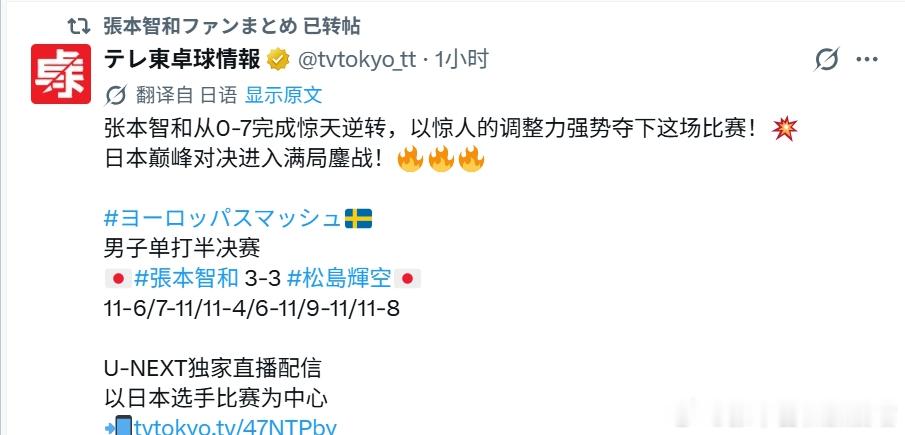 wtt瑞典大满贯2026张本智和 260816 男单半决赛，东电X账号在每局结束