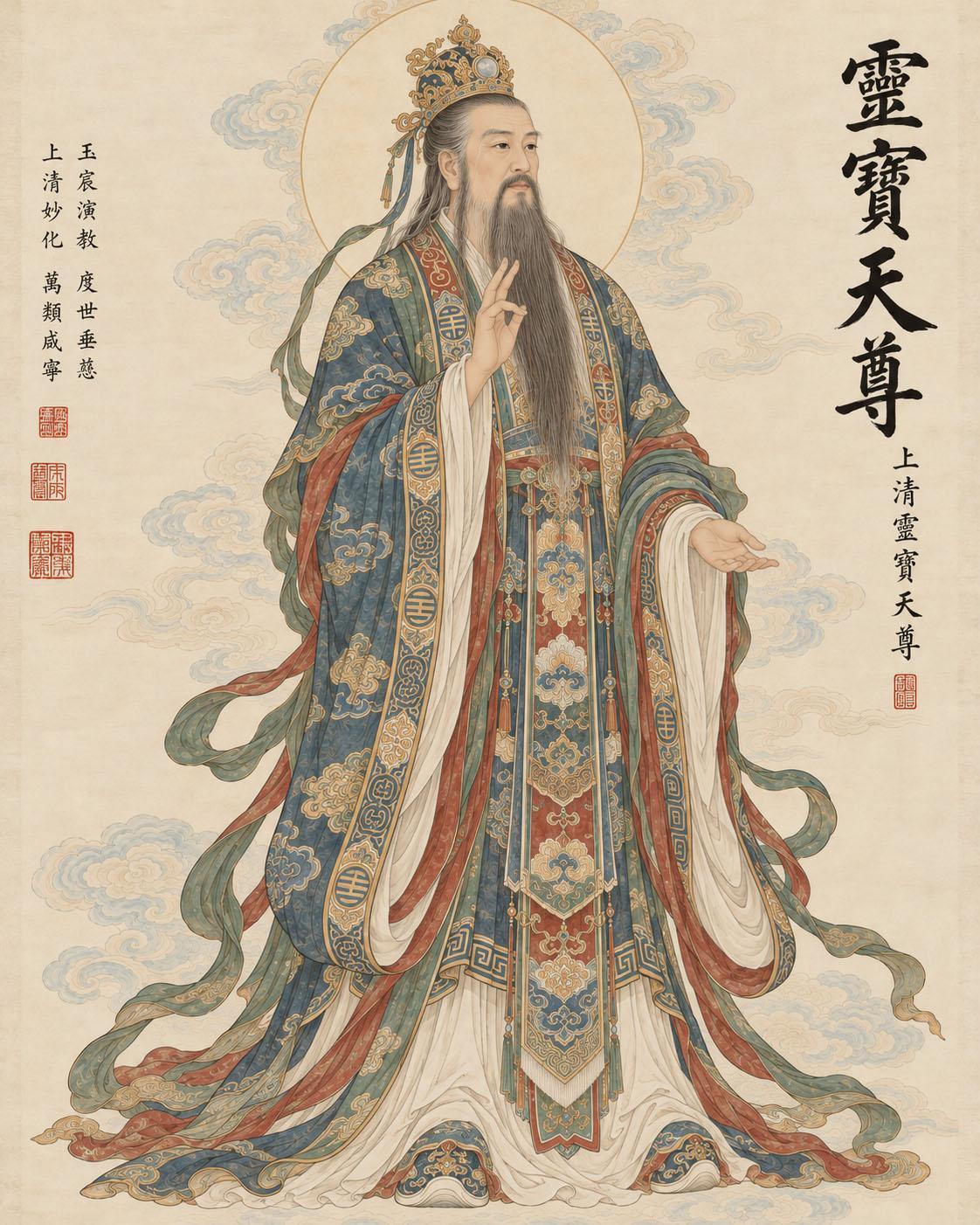 《三清聖境・道法自然》
元始開天演大道， 靈寶度世化玄機。 
道德無為生萬象， 