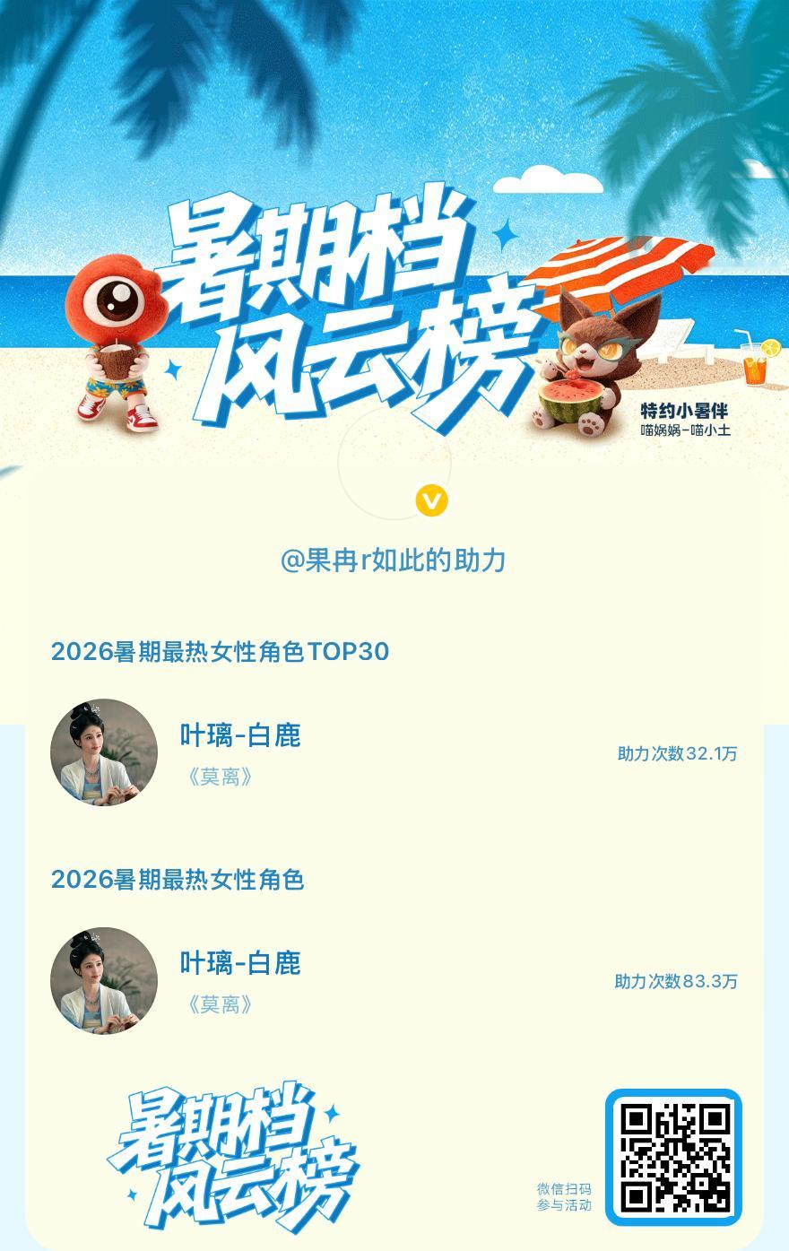 【暑期档风云榜】活动进行中，快来助力她成为今夏最热！2026暑期最热女性角色 暑