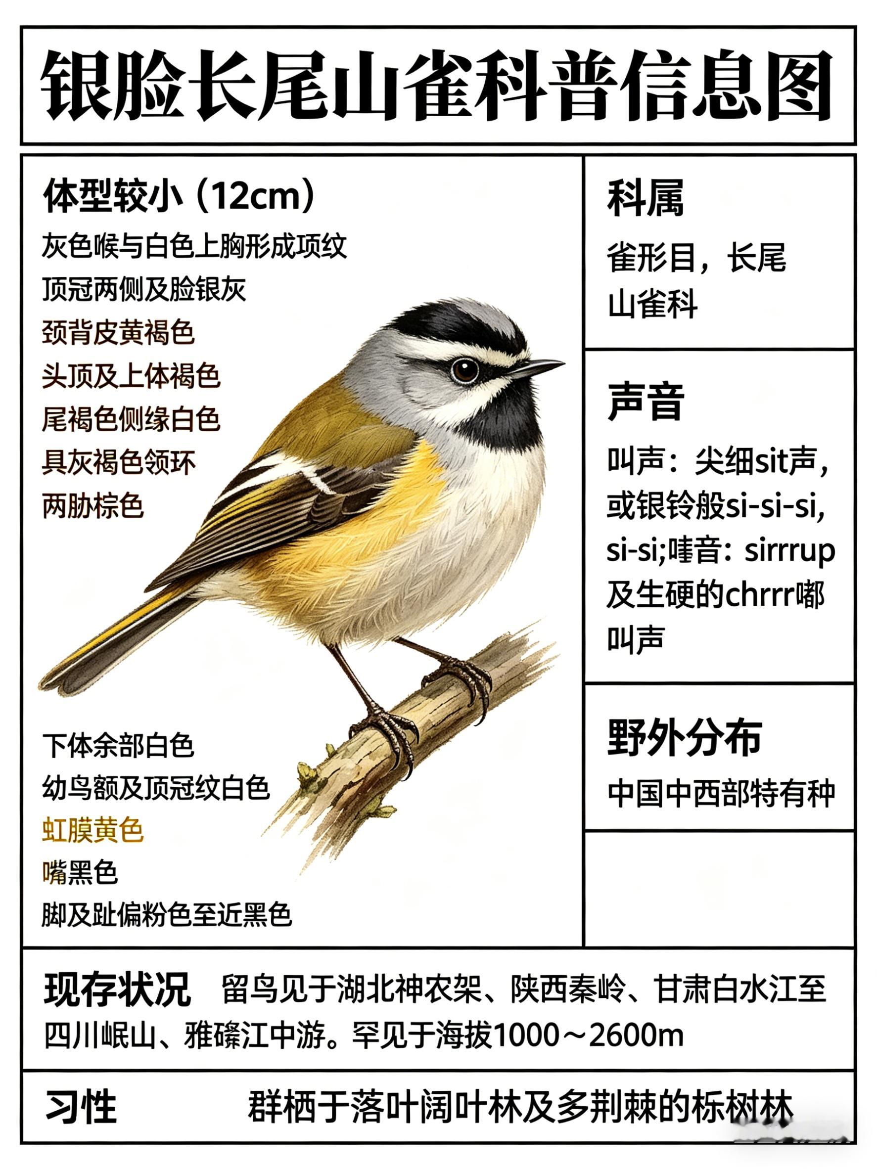 鸟类朋友图鉴 银脸长尾山雀·科属：雀形目，长尾山雀科。·外形特征：体型较小（12