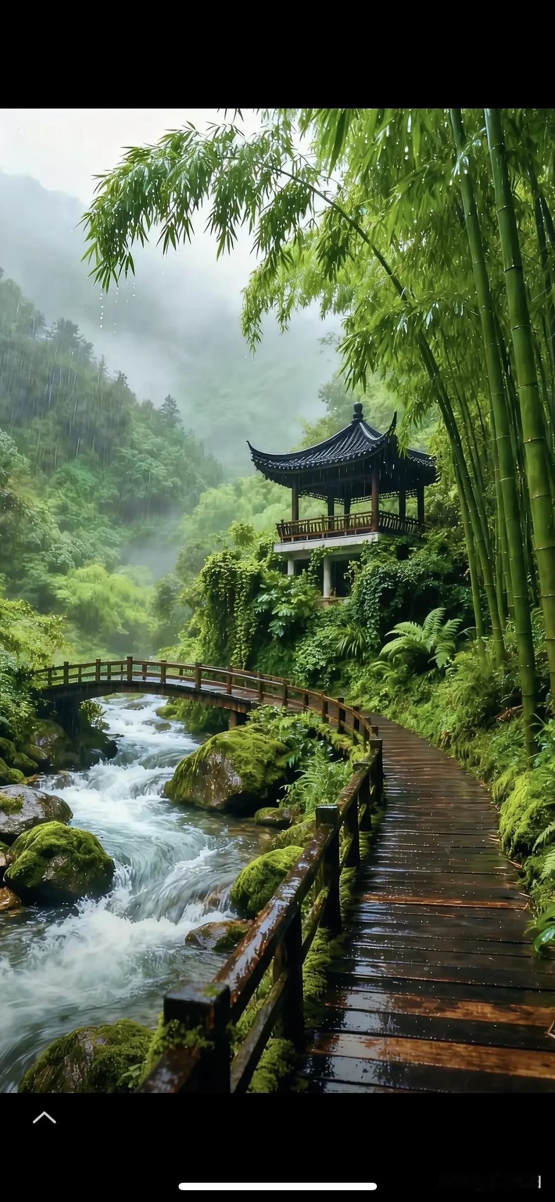 七律《幽壑听泉》

远山含黛入云烟，
碧水澄明映长天。
松风漫过青峰岭，
竹影轻