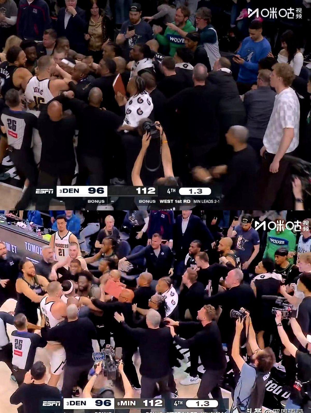 NBA季后赛这火药味儿，真是够呛！约基奇直接从后场冲过来，一把推开麦克丹尼尔斯！