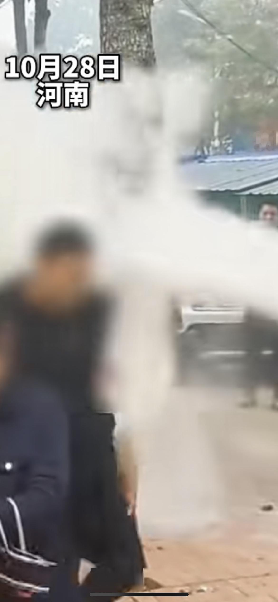 10月28日河南，婚礼现场一男子被用胶带绑在树上，脱到只剩内裤 众人用灭火器喷射