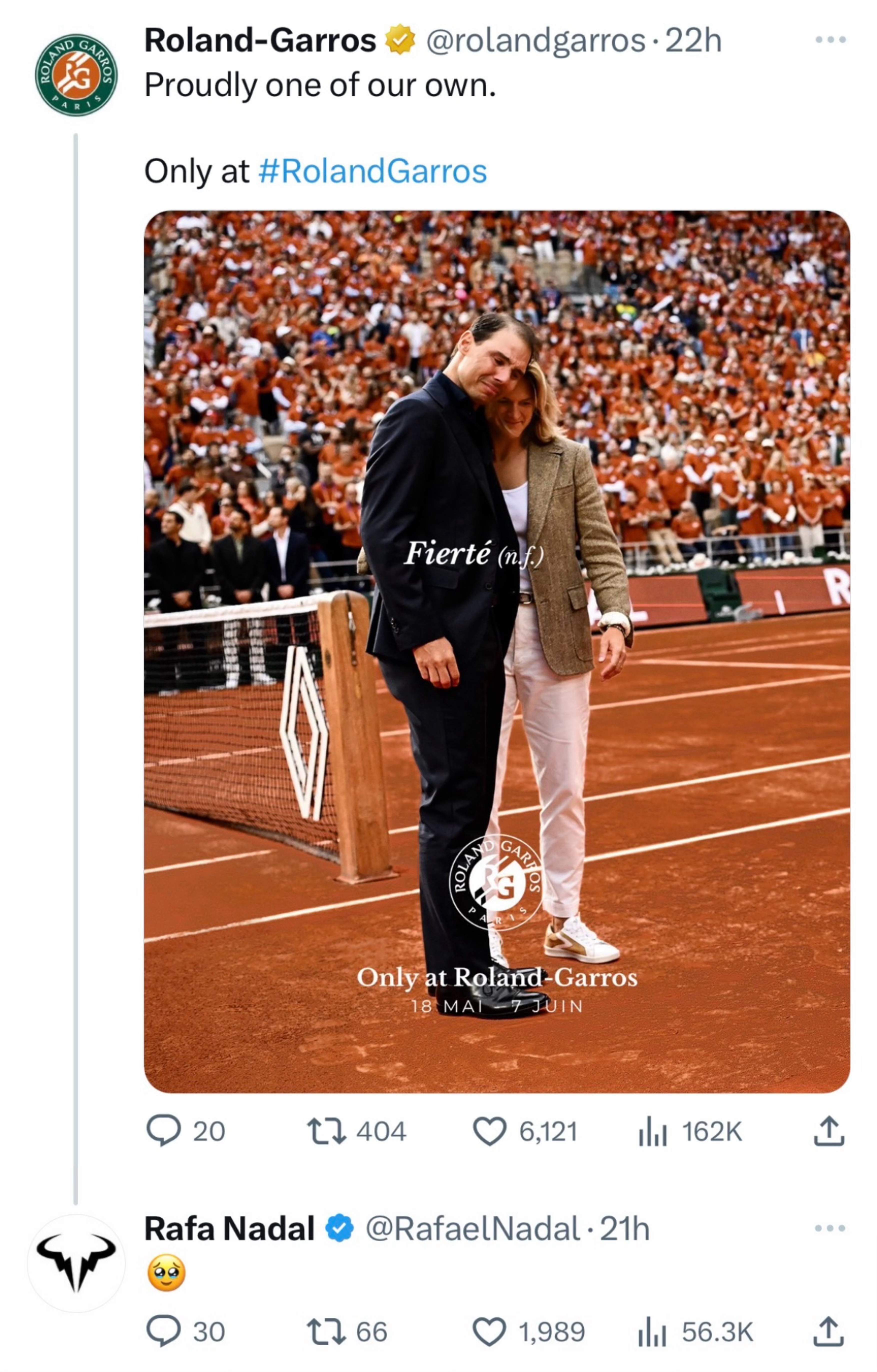 一年之前的今天，法网官方宣布将为纳达尔举办盛大的致敬仪式；一年之后的此刻，法网官