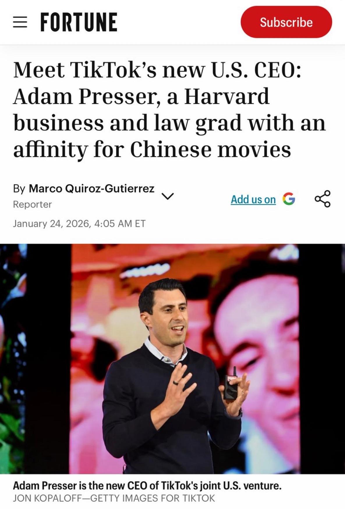 TikTok 为其美国分公司任命了一位新 CEO！

他是亚当·普雷瑟Adam 