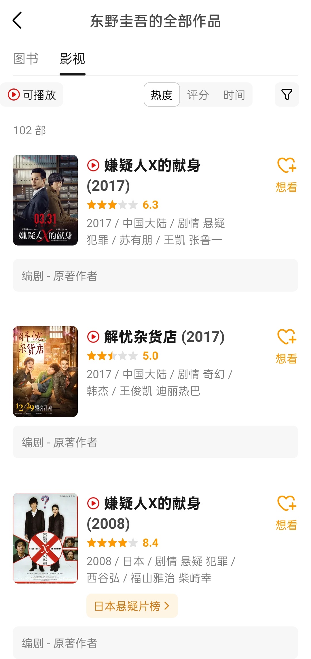 东野圭吾改编影视剧 东野圭吾多部作品都曾改编影视剧，中国也拍过很多……东野圭吾作