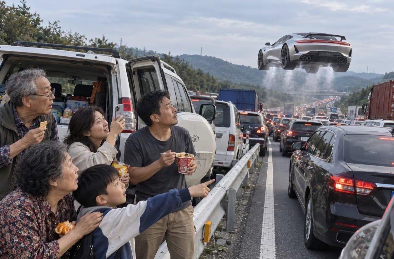 AI生成的趣味梗图--特斯拉 Roadster喷气跑车。

图片调侃高速堵车的痛