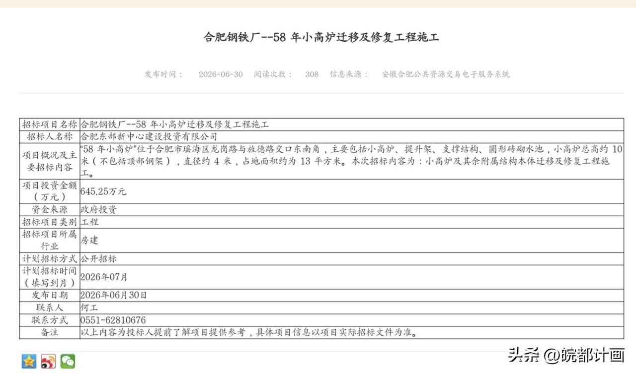 【合钢58年小高炉迁移修复工程发布招标公告】
日前，合肥东部新中心建设投资有限公