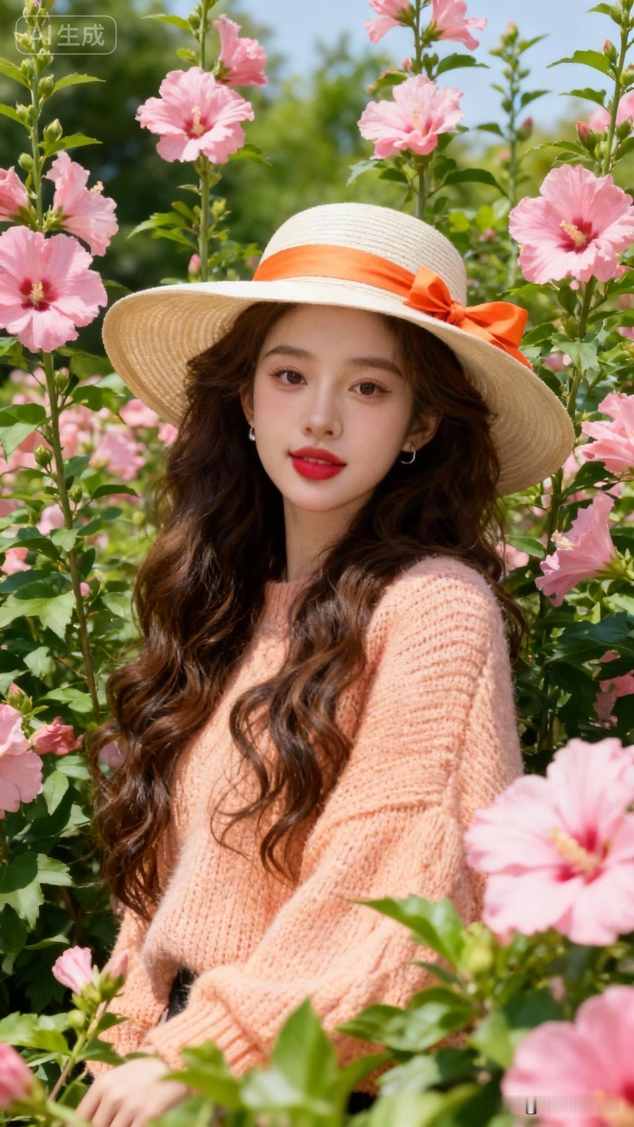 阳光下的少女与粉色花海，甜美又浪漫