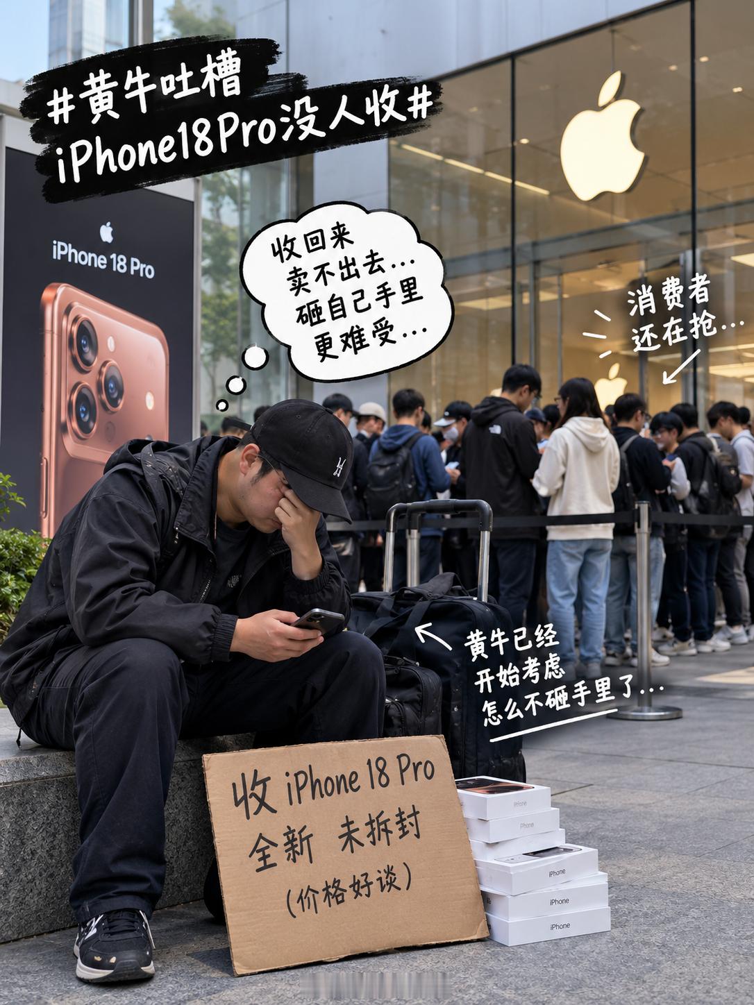 黄牛吐槽iPhone18Pro没人收 以前iPhone首发，黄牛恨不得在门口举着