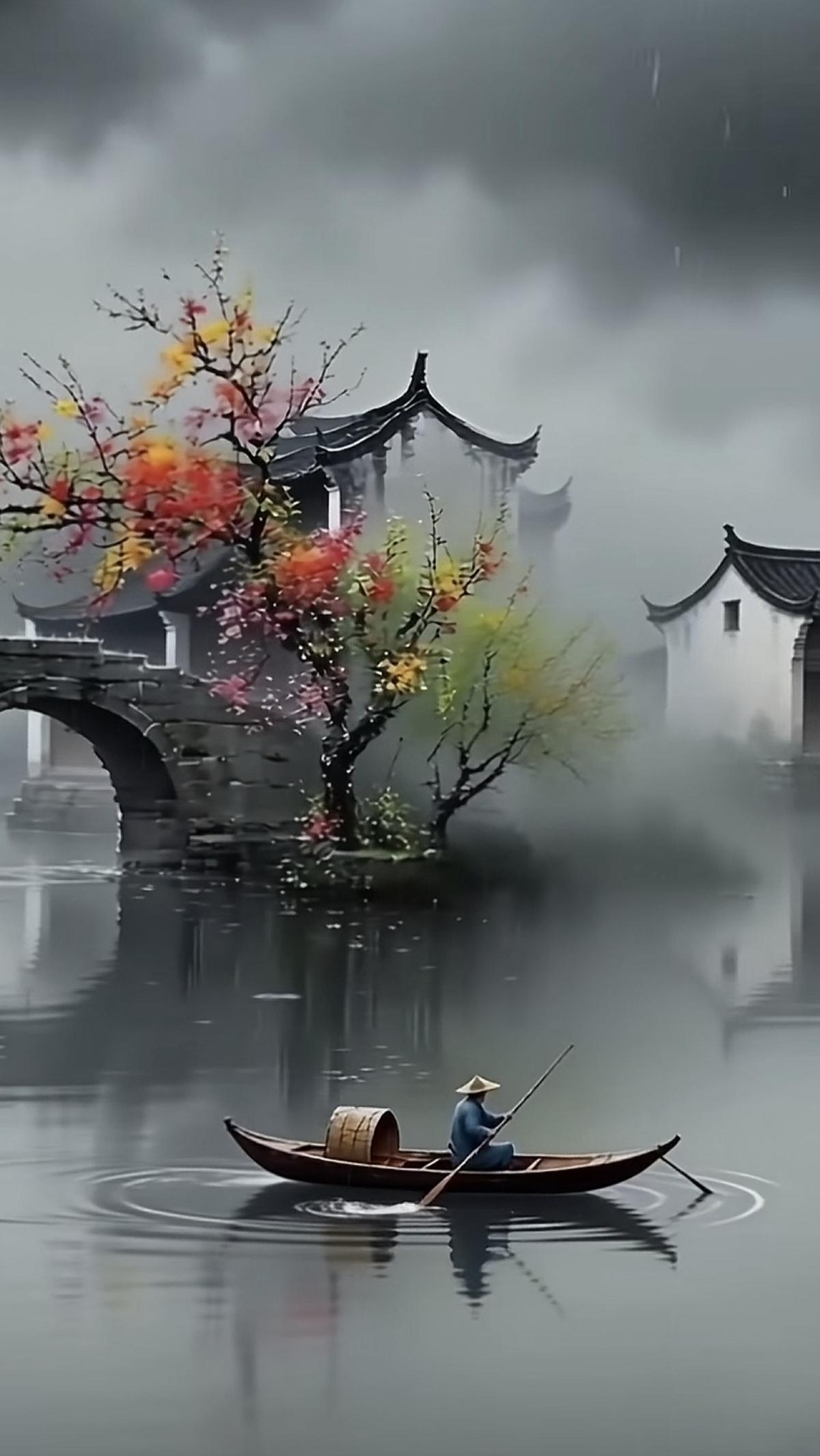 江南水乡雾茫茫，
几树繁花映旧房。
若隐若现成幻影，
…………………………
请你