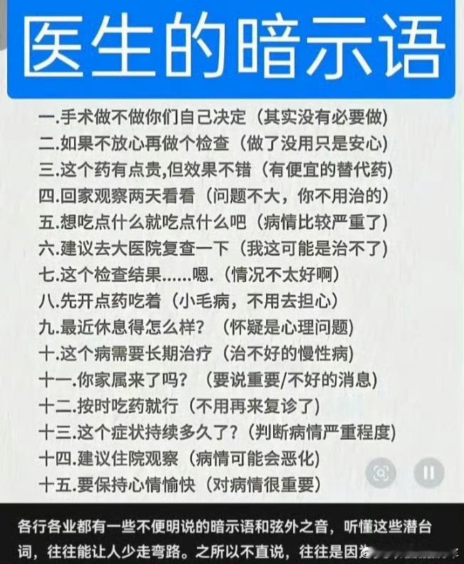 去医院医生的暗示你知道吗这个行业有着明确沟通规范，很多结果就是不能直接直白道出，