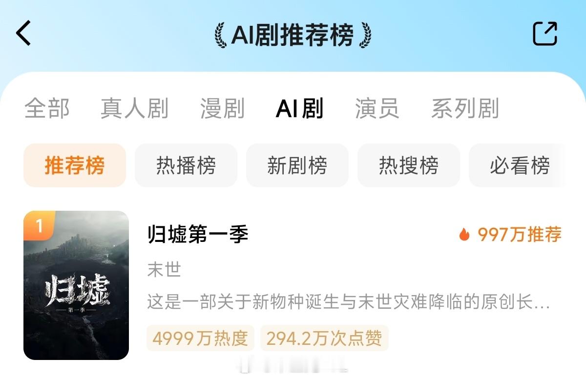 昨天在 AI 短剧里头挑了一部，是从推荐榜里头从上往下看。现在的 AI 剧有一个