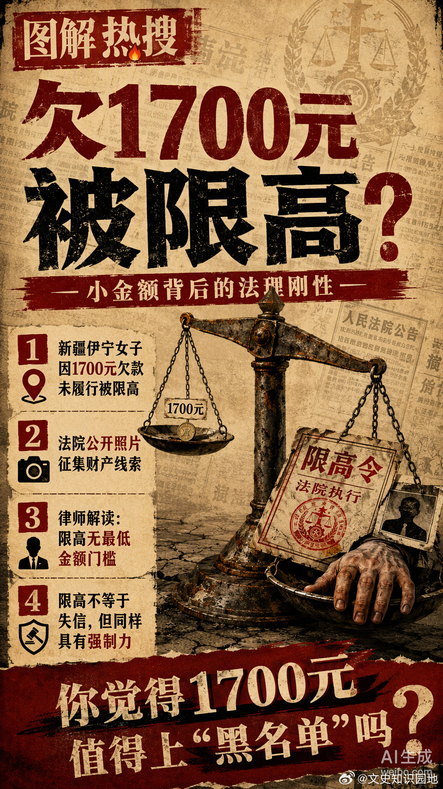 1700元的欠款，换来的是限制高消费和全网公开照片。这种巨大的反差感，让很多人第