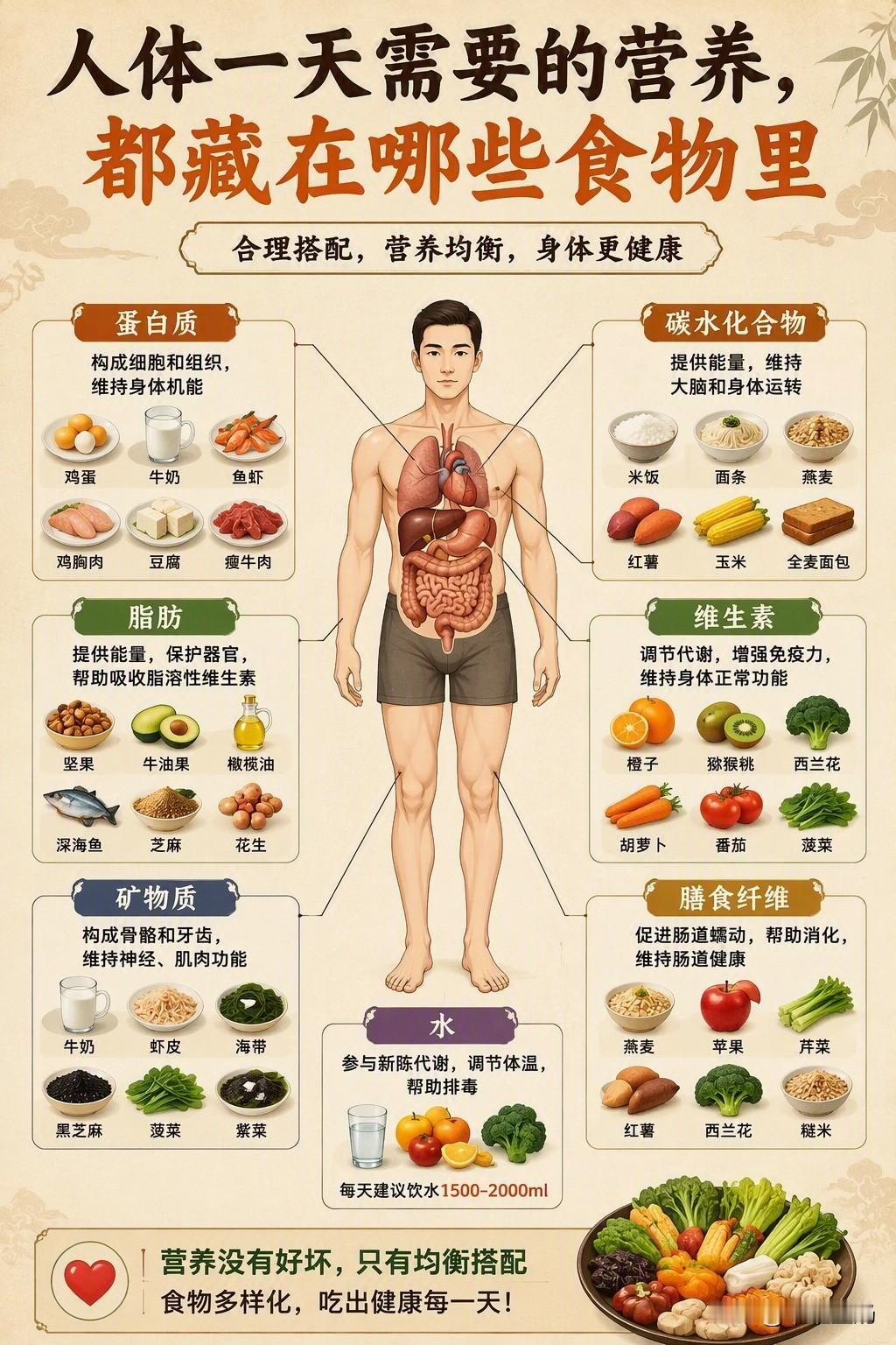 人体需要的营养，都藏在日常食物里。一张图看懂，建议收藏。
营养补充小技巧 营养对
