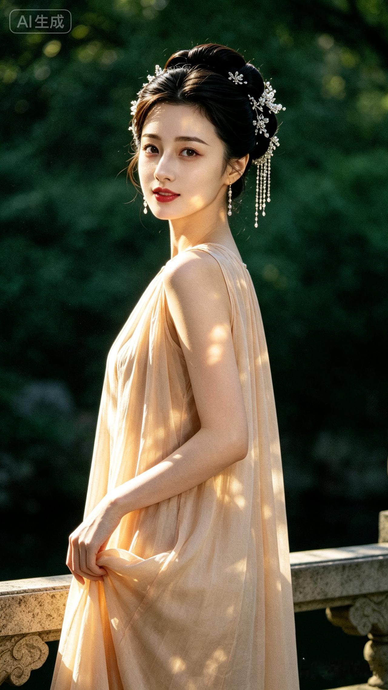 优雅古风美人，古典发饰与薄纱长裙的完美结合，尽显东方韵味。