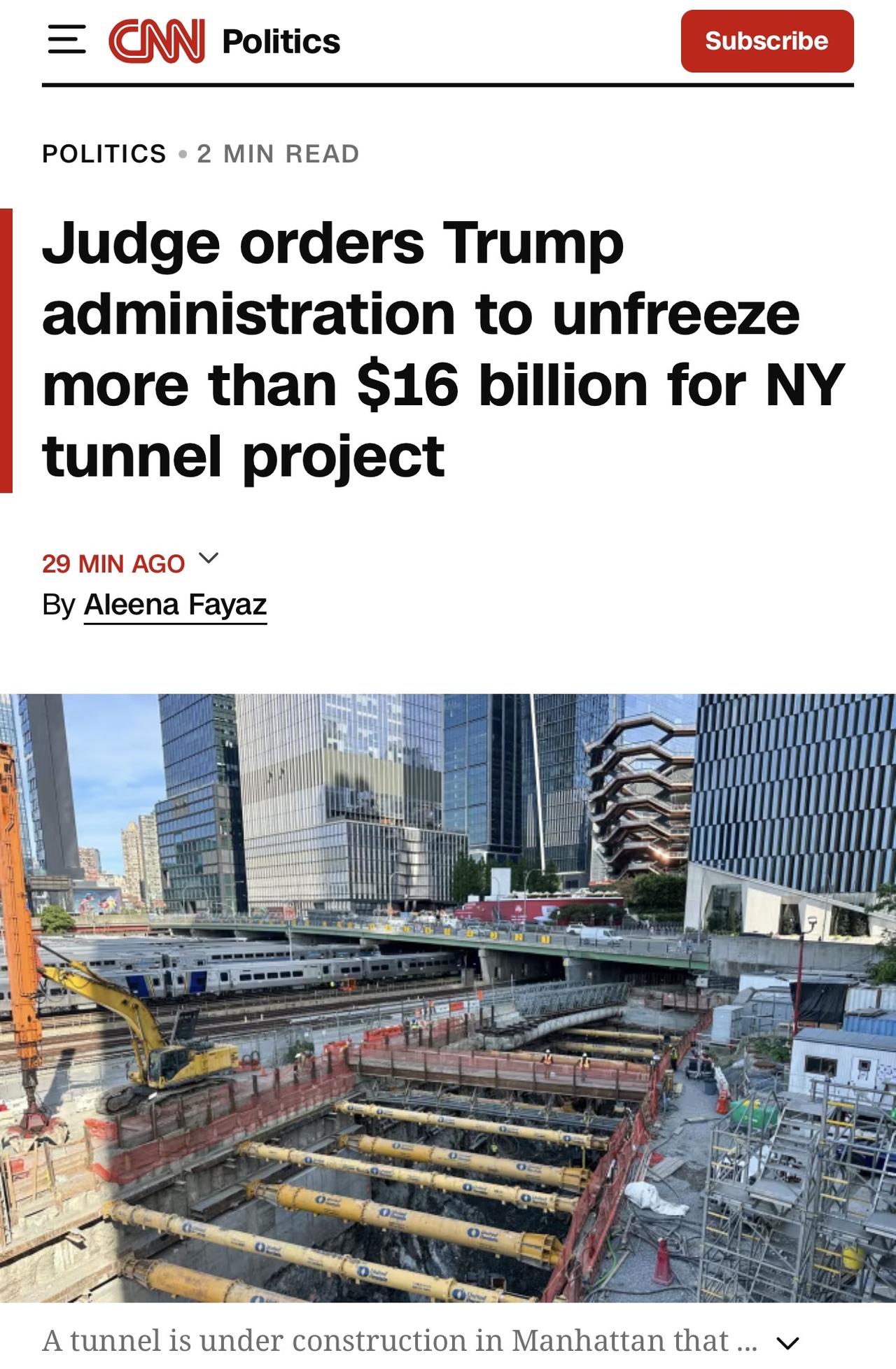 美国纽约的一名联邦法官周五裁定，特朗普政府必须解冻用于纽约大型基础设施项目的16