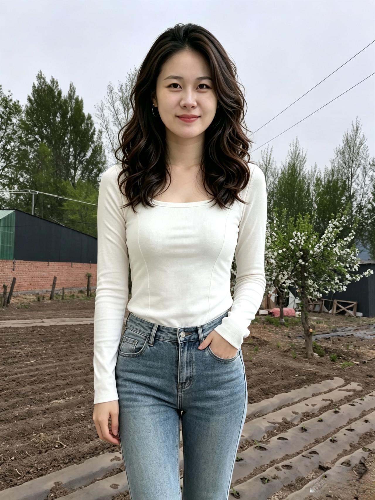 田边风拂袖，林下玉人来。
眉目含温婉，天然绝俗埃。