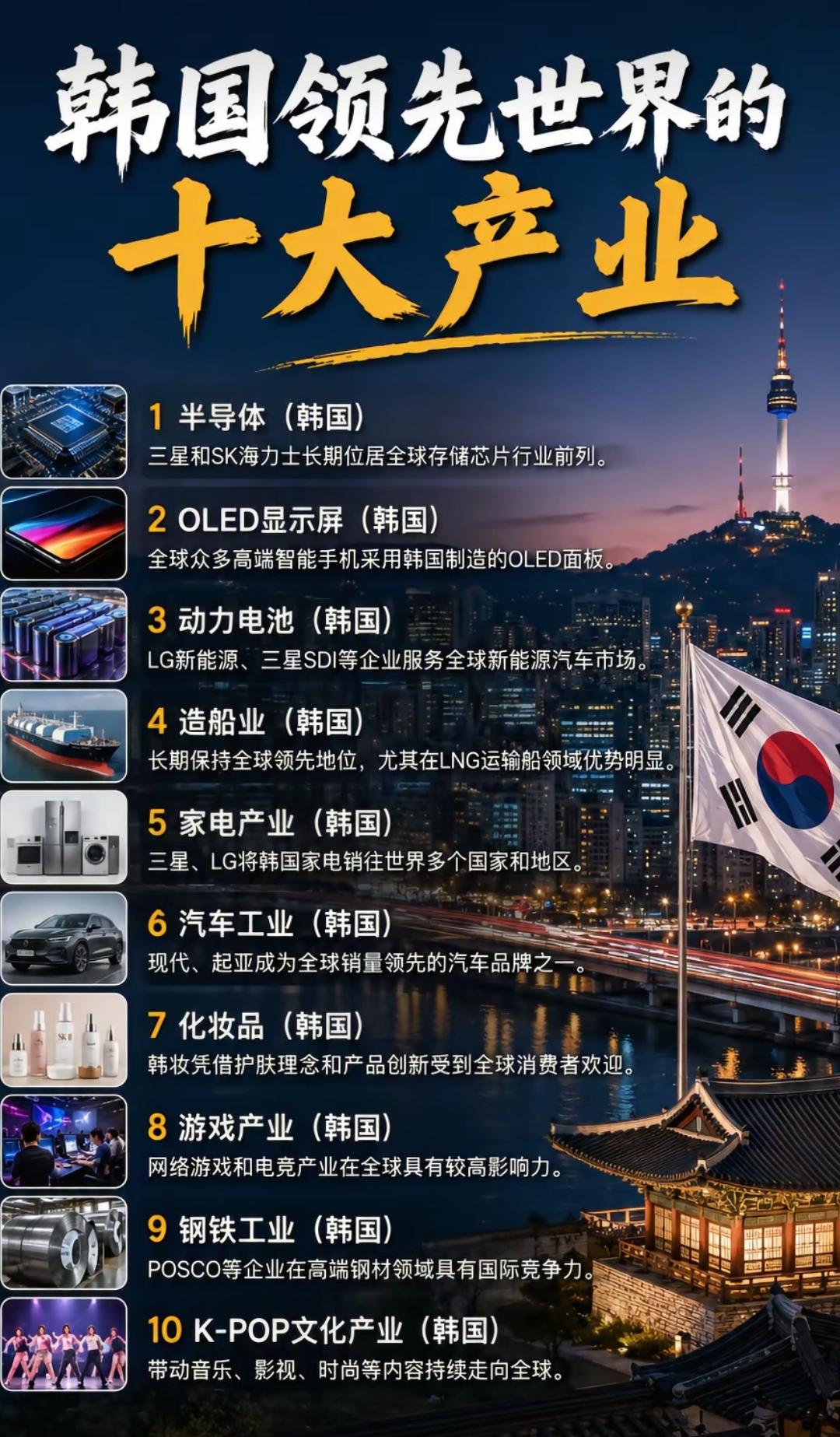韩国领先世界的十大产业。还有手机、百货超市、化工、游戏也不错，韩国真不简单[赞]