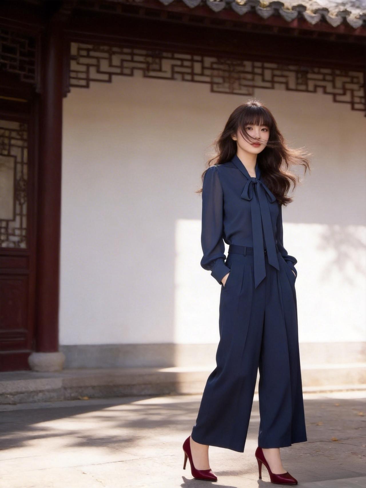 优雅的蓝色连体裤，配上红色高跟鞋，在古色古香的建筑前拍了照，感觉自己美美哒！蓝色