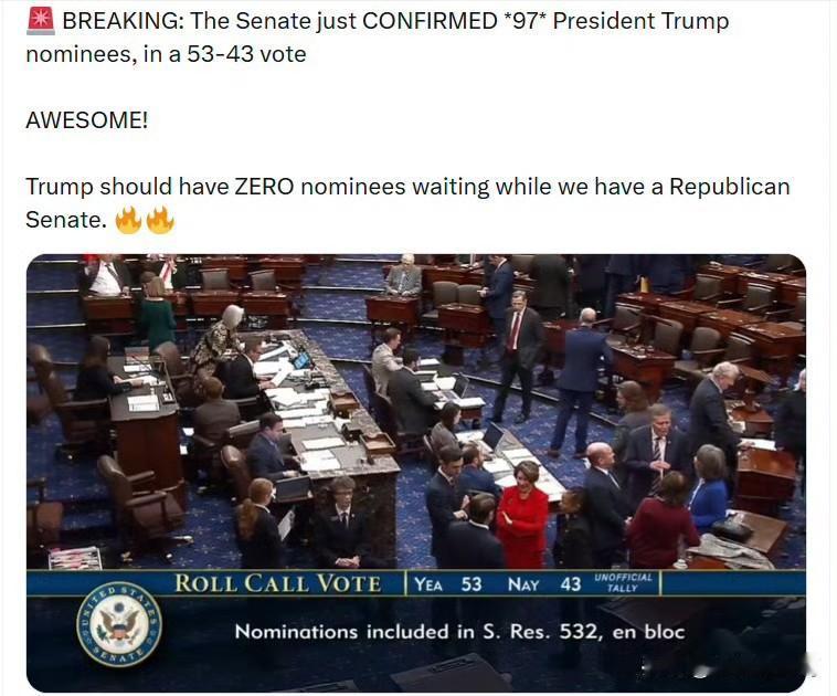 美国参议院刚刚以53票赞成、43票反对的投票结果确认了特朗普总统提名的97名人选