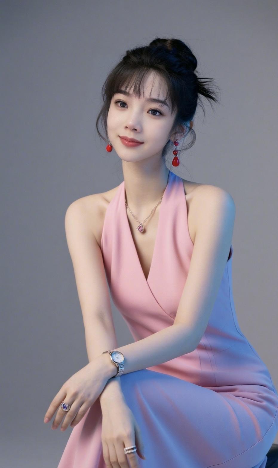 优雅粉裙少女，甜美笑容，红耳坠点缀，气质满分！💖✨