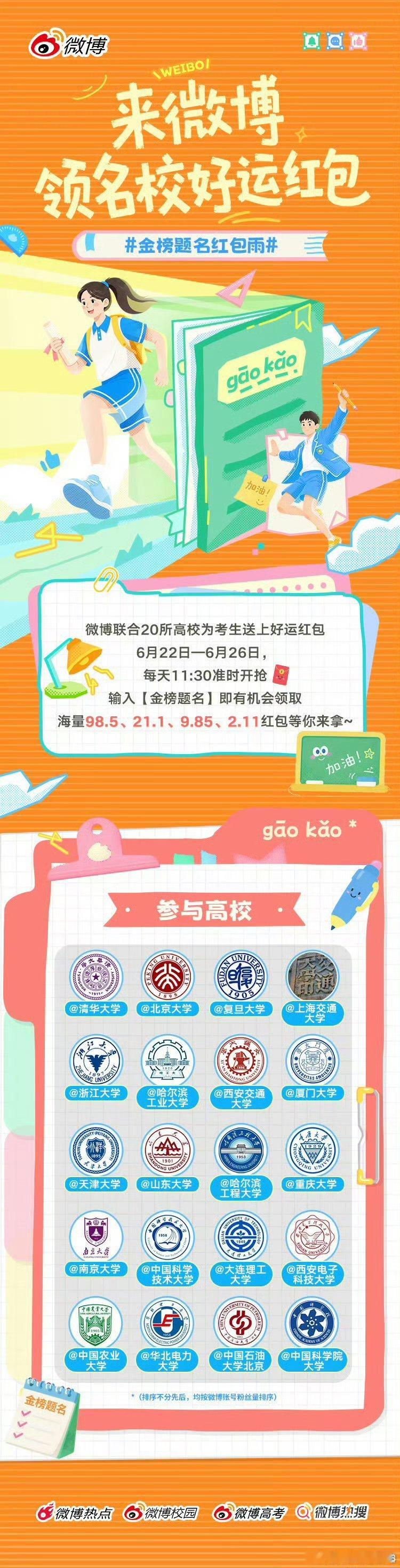 查完高考分数来领高校红包哇~又有大把红包可以领了~清华 北大 复旦 交大 都是好