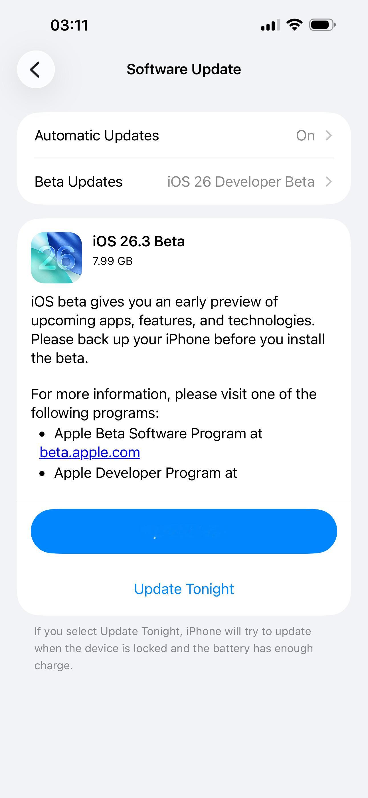 Apple 发布 Developer Beta 软件更新：iOS 26.3 De