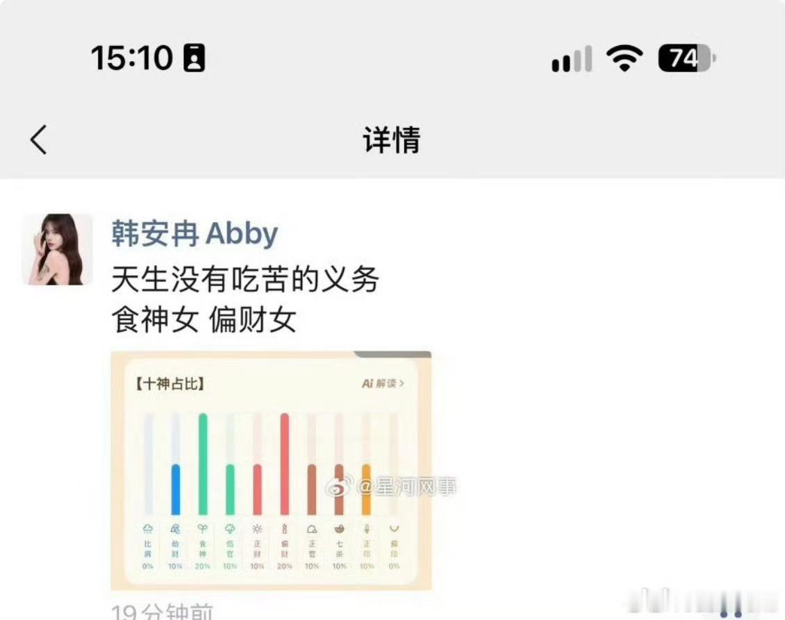 韩安冉称自己天生没有吃苦的义务韩安冉朋友圈发文：天生没有吃苦的义务，食神女  偏