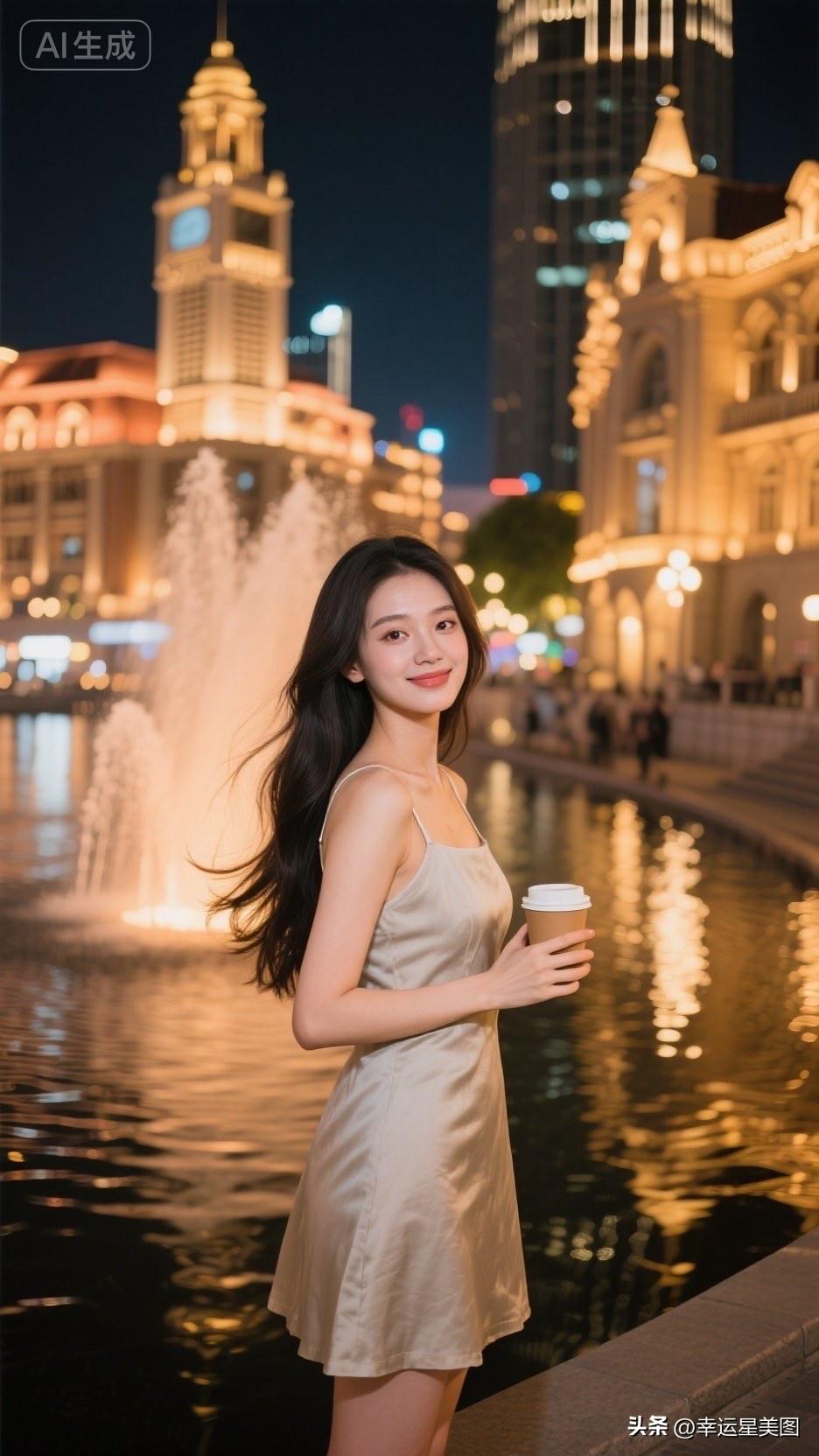 夜晚的都市浪漫，手持咖啡的少女，微笑面对繁华。