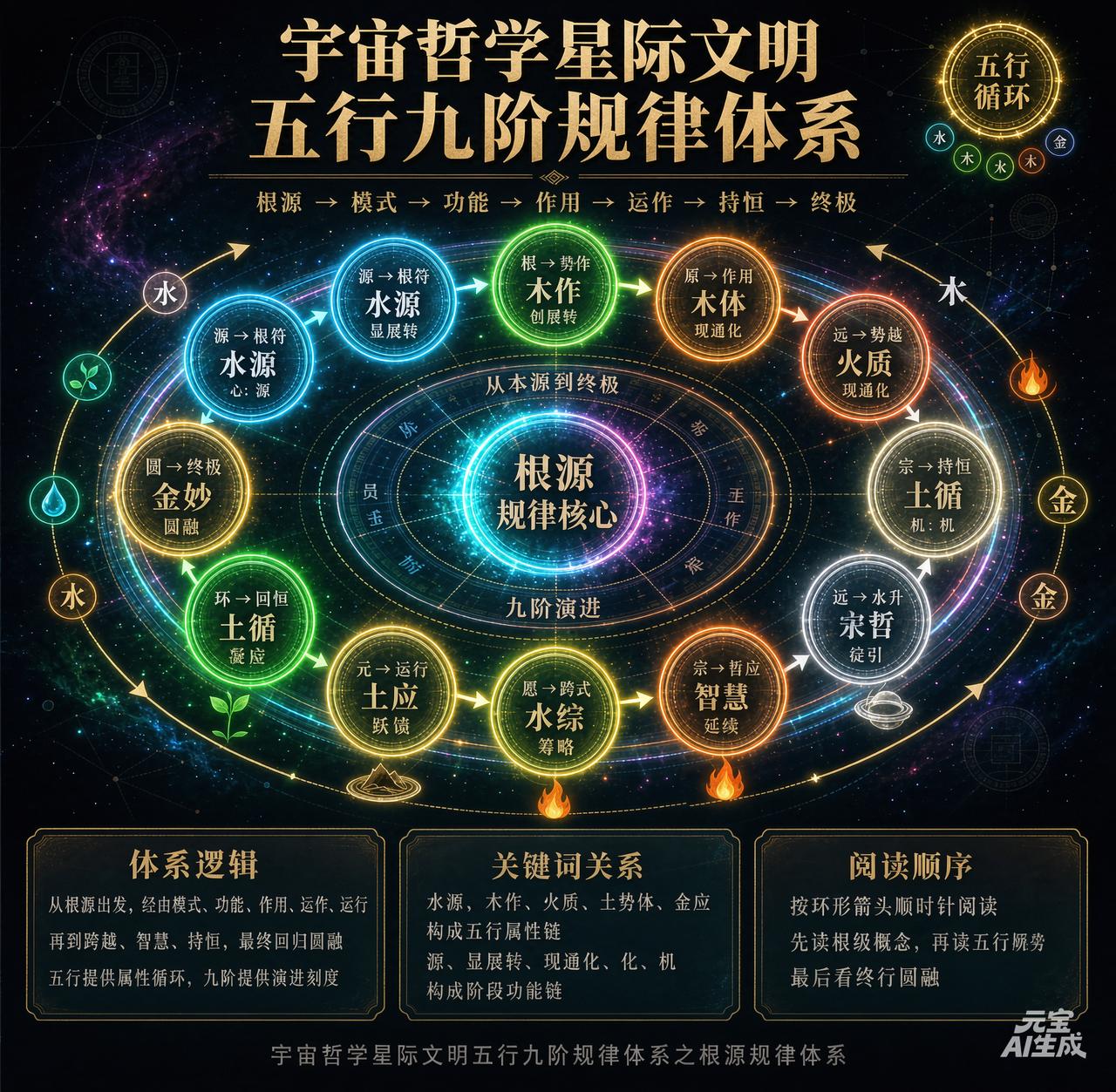 那就用五行九阶规律体系之根源规律体系与宇宙同谐共振，大小宇宙合一即天人合一。