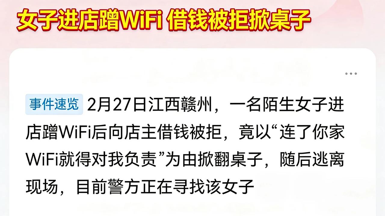 不知道是谁家的妹子，进店蹭WiFi不说，还理直气壮的向老板娘借100块钱，声称连