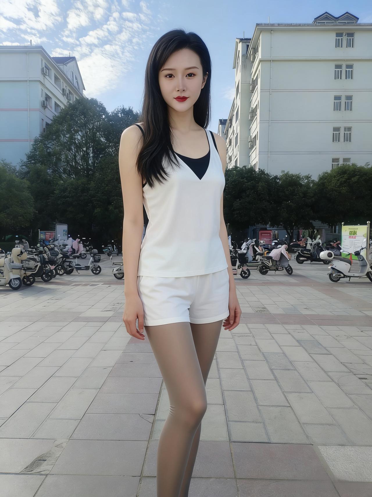 晨光把地砖的纹路熨平
风掠过树梢，掀动她发梢的乌黑
白背心裹着轻软的晨气
短裤边