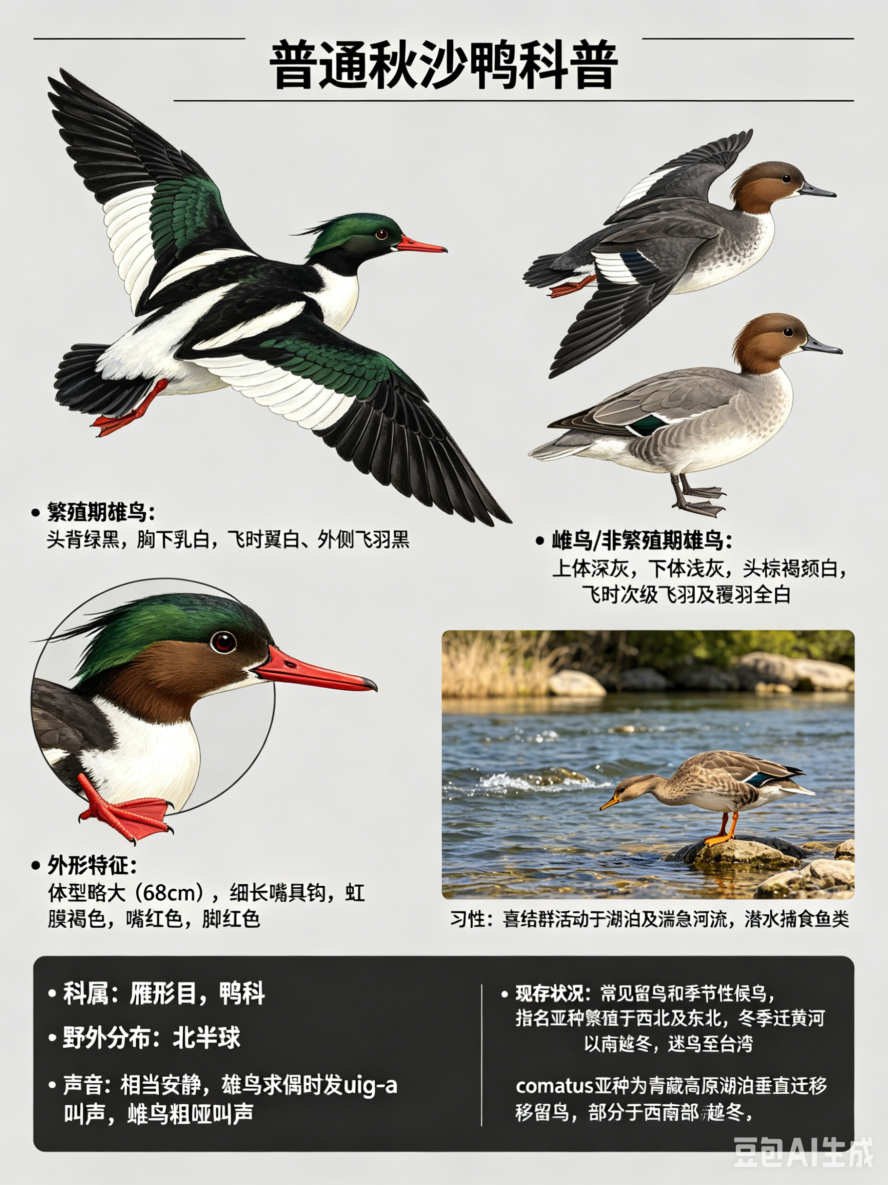 鸟类朋友图鉴 普通秋沙鸭·科属：雁形目，鸭科。·外形特征：体型略大（68cm）的