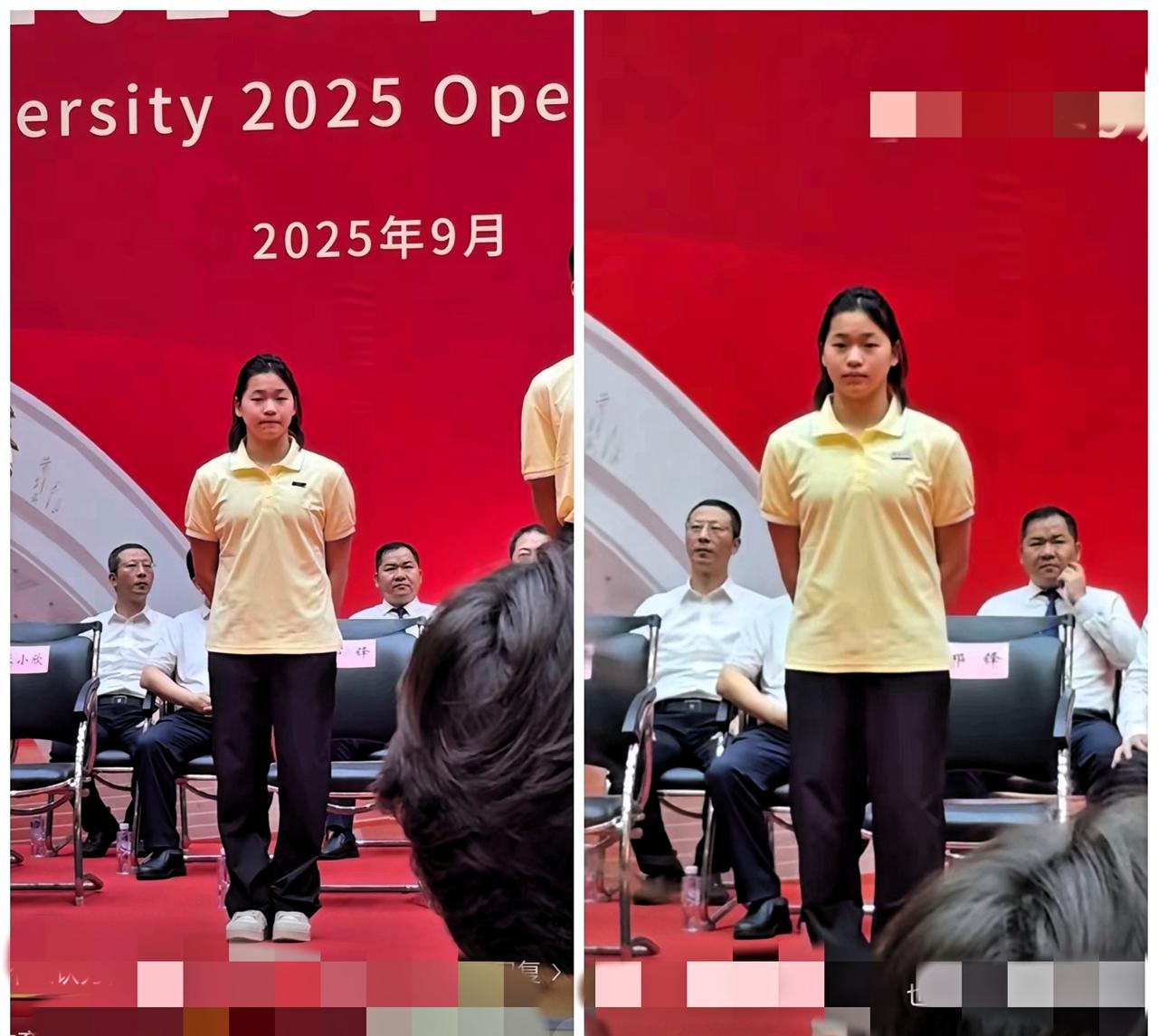 全红婵参加暨南大学开学典礼，头发梳一下太可爱。

这哪是赛场上的“小魔王”，分明