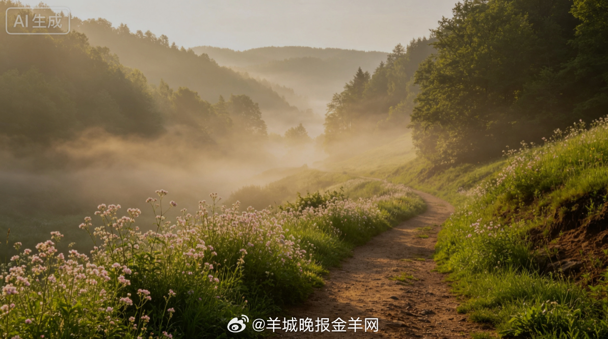 #早安# 盛夏清晨薄雾缓缓散开，山谷间开满浅淡野花，林荫小路铺满柔和晨光。独自缓