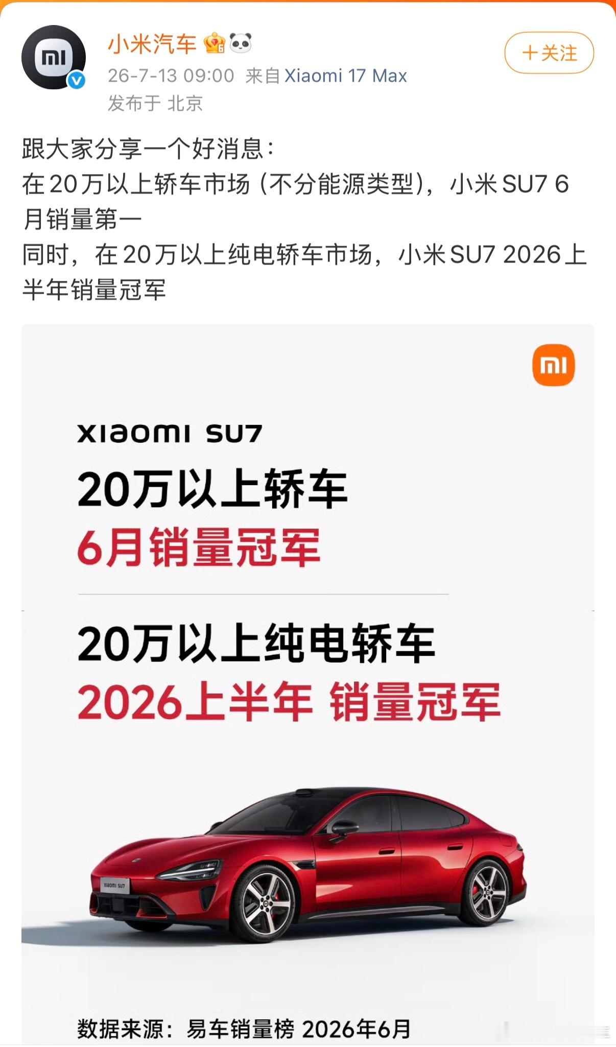 小米SU7，拿下20万以上轿车市场6月销量第一。同时，小米SU7位列20万以上纯